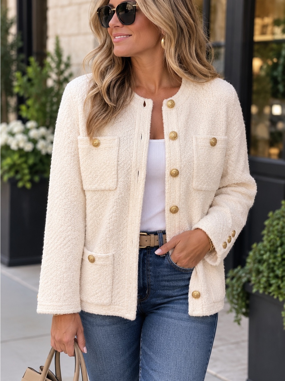 Vintage Rochelle Cream Gold Button Lady Jacket Cardigan L